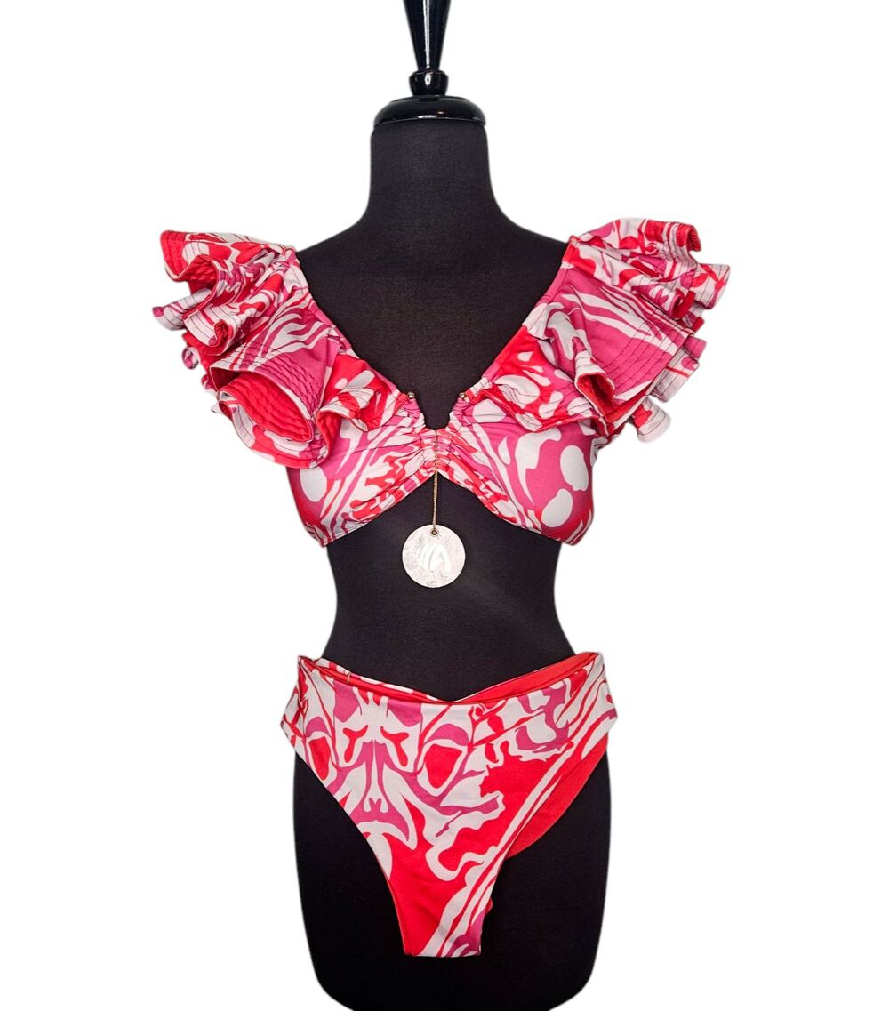 ALCATRAZ Swimwear Monarca Bikini Ruffles Size 38 Top Size Large Bottom